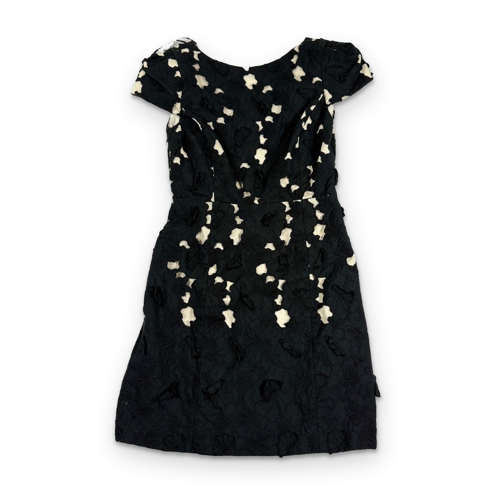 Tibi New York Eyelet Floral Dress Size 2 Black Cream Open Back Cap Sleeve Mini